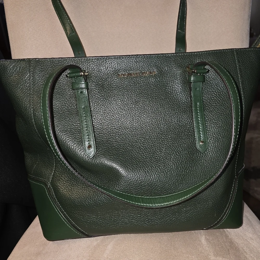 Michael Kors Dark Green Leather Pebbled Tote with Gold Hardware